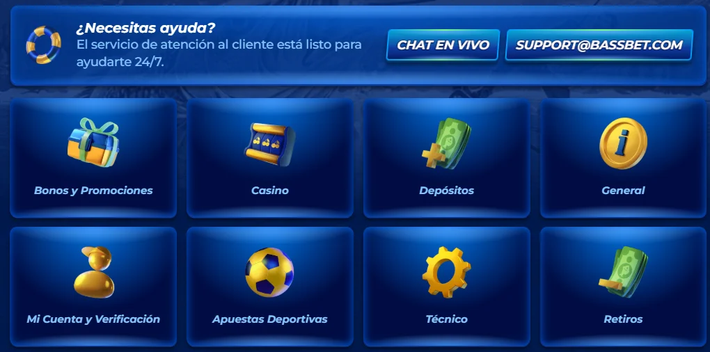 Bassbet Casino con centro de ayuda, chat en vivo y categorías de soporte